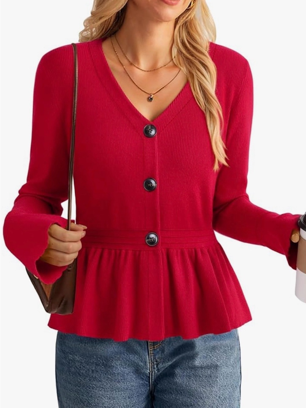 Vivilli Red V-Neck Button-Front Peplum Cardigan Sweat